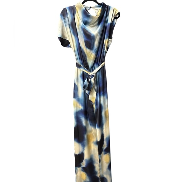 Mango MNG Satin Jumpsuit Draped Neck Wide Leg Belted Blue Print Small - Picture 7 of 9